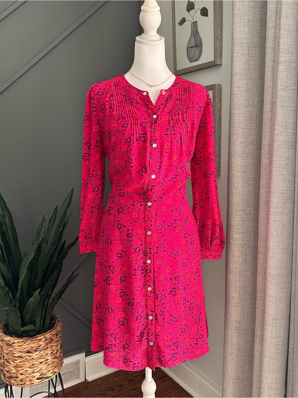 GAP Hot Pink Floral Long-Sleeve Button Front Dress